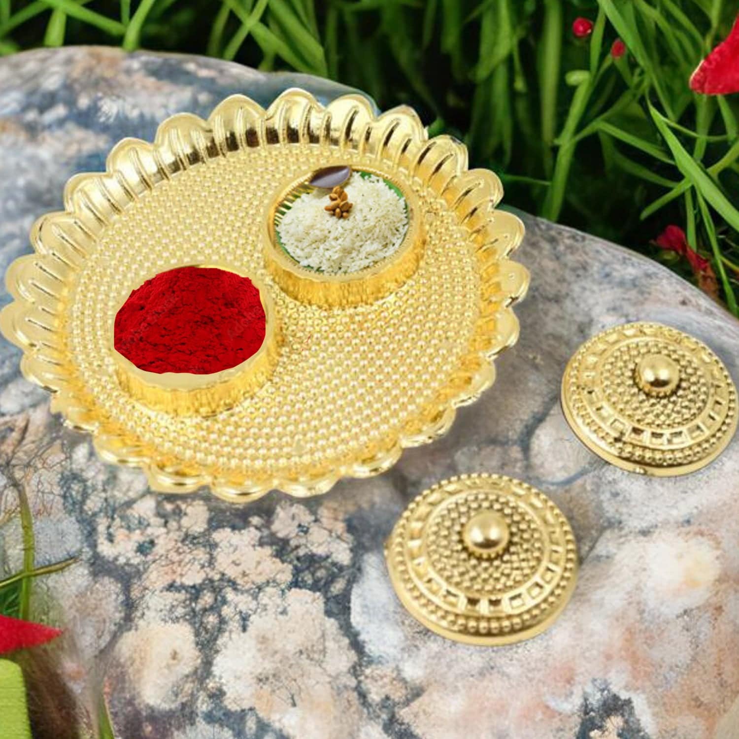 Round Puja Thali with Kumkum Holder - Image 3